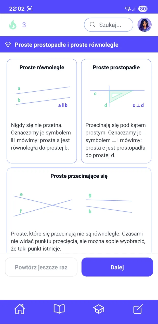 Ekran wiedzy w aplikacji: proste prostopadłe i równoległe